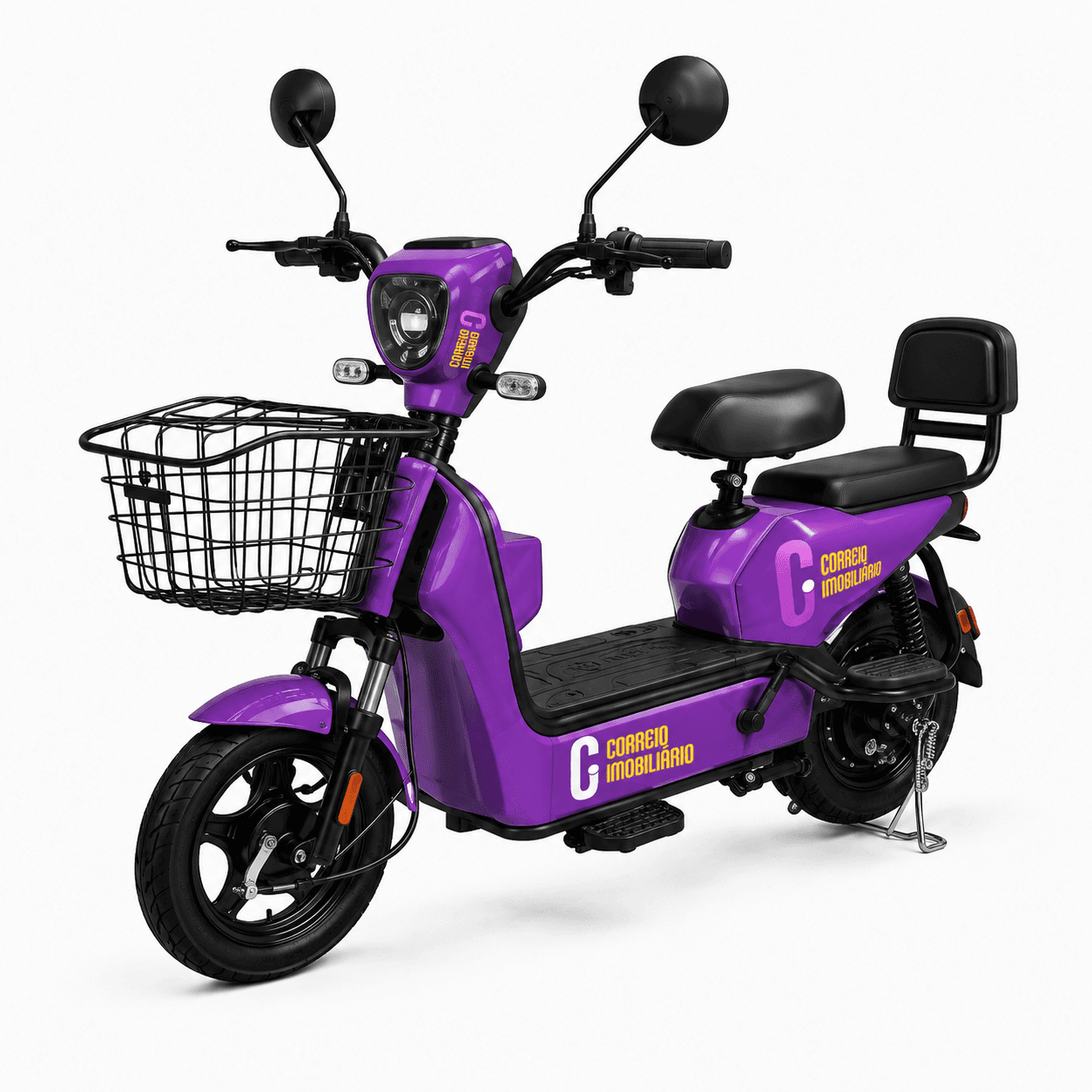 Scooter elétrica roxa com cesto, adesivada com a marca Correio Imobiliário — o prêmio do sorteio